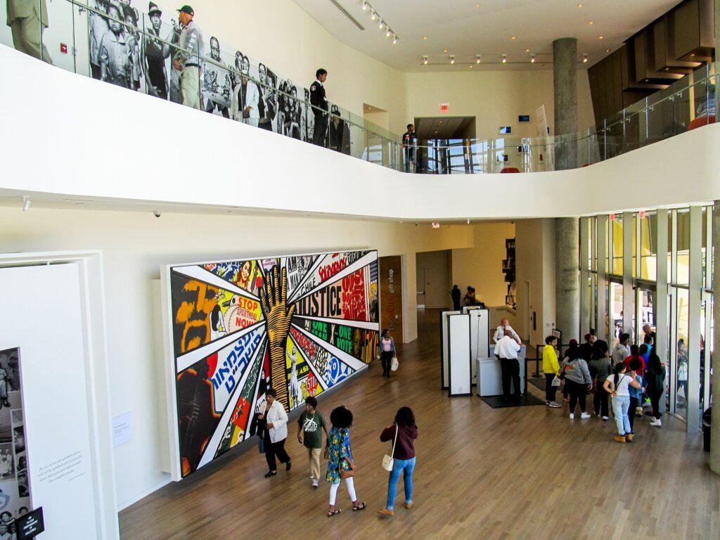 Color photograph of a two-story lobby in the National Center for Civil and Human Rights.