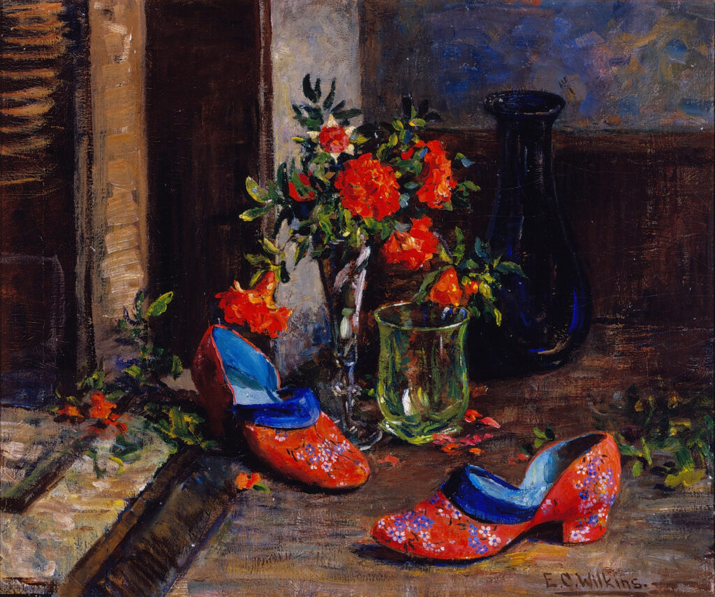 Red Shoes, Blue Vase, Glass and Carnations