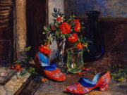 Red Shoes, Blue Vase, Glass and Carnations