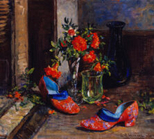 Red Shoes, Blue Vase, Glass and Carnations