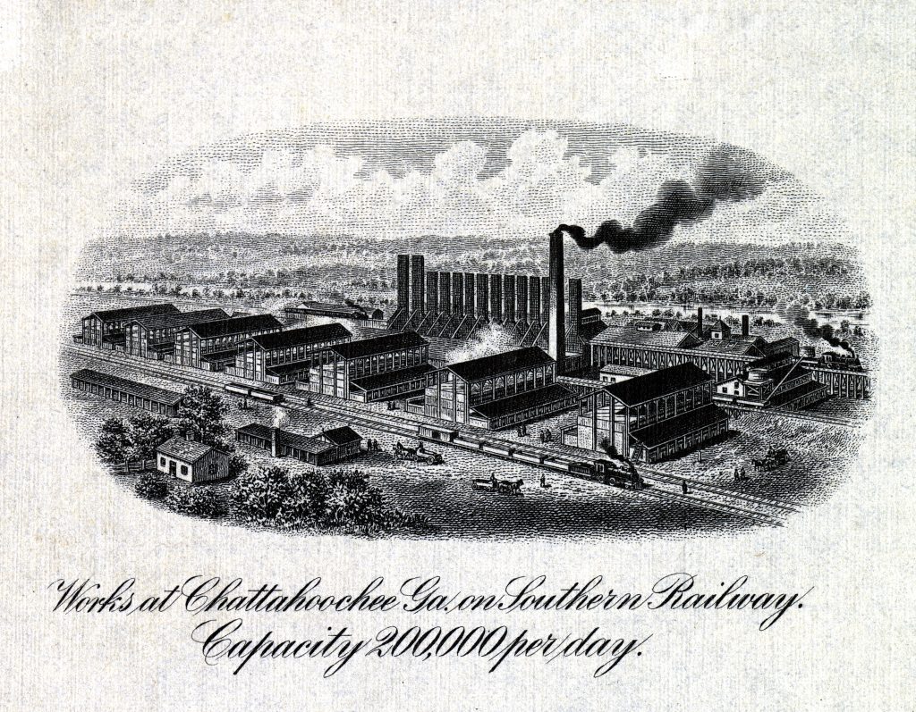 A black and white drawing of the Chattahoochee Brick Company site, with a caption reading, "Works at Chattahoochee Brick Company on Southern Railway. Capacity 200,000 per day."