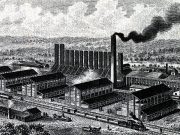 A black and white drawing of the Chattahoochee Brick Company site, with a caption reading, "Works at Chattahoochee Brick Company on Southern Railway. Capacity 200,000 per day."