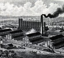 A black and white drawing of the Chattahoochee Brick Company site, with a caption reading, "Works at Chattahoochee Brick Company on Southern Railway. Capacity 200,000 per day."
