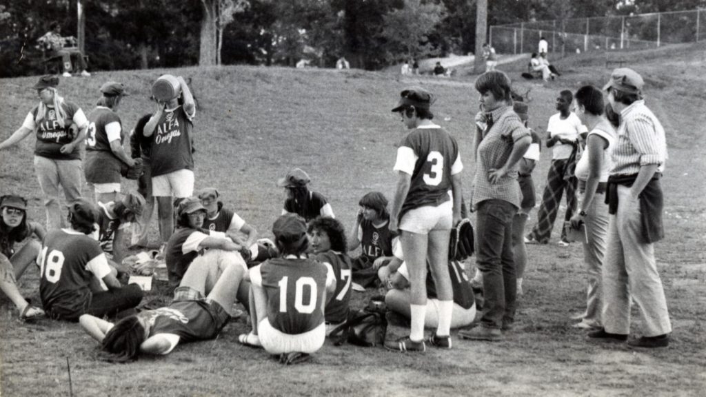 Atlanta Lesbian Feminist Alliance members gather for a softball game