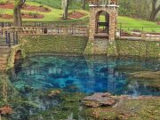 Radium Springs, one of Georgia's Seven Natural Wonders, is depicted, showcasing its crystal clear water and surrounding pathways walkways.